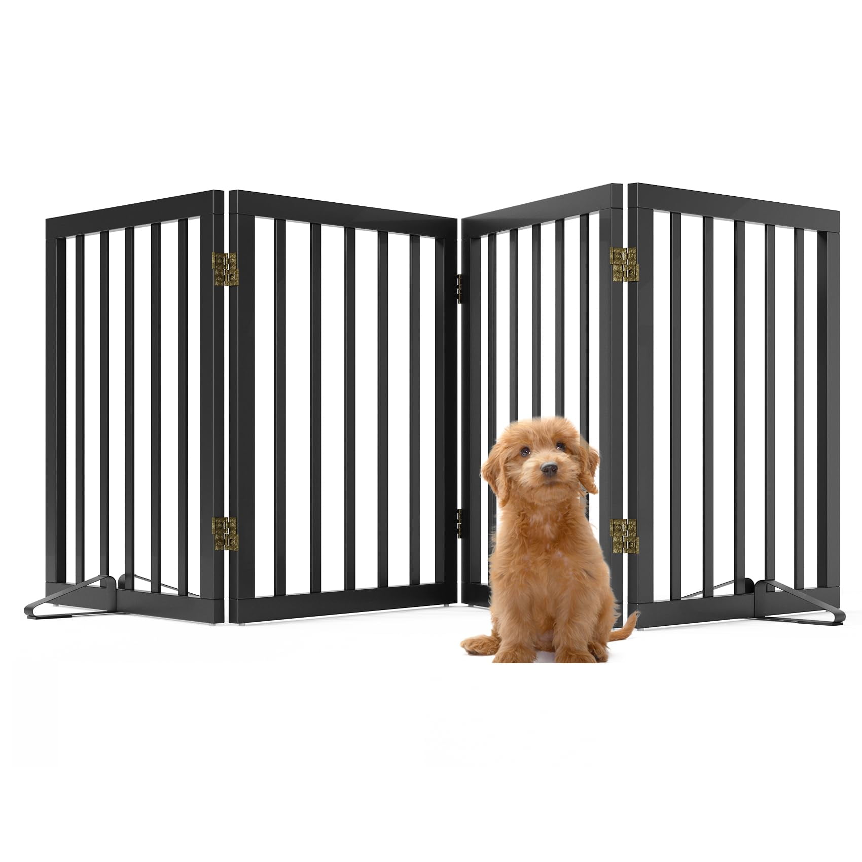 Smart FENDEE Bamboo Dog Gate Freestanding Pet Gate with 2 Support Feet for Doorways,Black,24"H,4 Panel