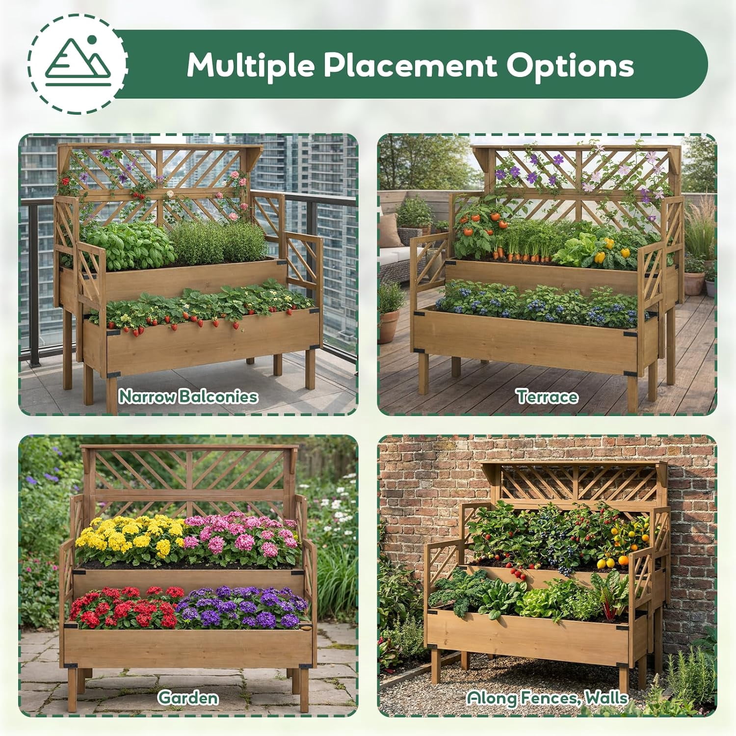 PETSCOSSET Raised Garden Bed with Trellis, 2-Tier Elevated Planter Box with Legs & Top Shelf, Wooden Garden Beds for Plants