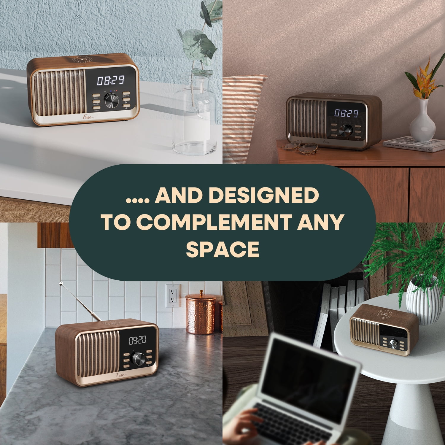 Fuse Hark Bluetooth Radio Speaker | Wireless 10W Charger | FM Radio Speaker with Bluetooth & AUX Input | Alarm Clock | 3 Level Dimmer | Charging Block Included