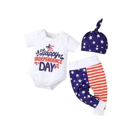 

Liliz Baby 4th of July Outfits Short Sleeve Letter Print Romper + Pants + Top Knot Hat Set