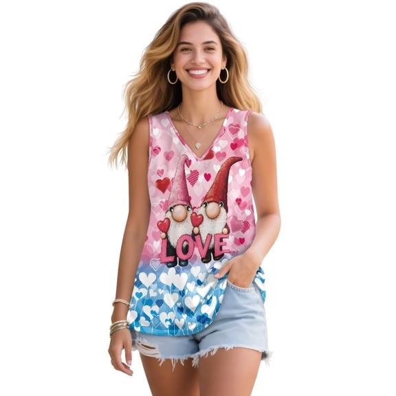 Jeiento Love Heart Tank Tops for Women Trendy Sleeveless Tunic Tops Casual V Neck Blouse Loose Fit Ladies Flowy Pleated Shirts Valentines Day Outfits,S