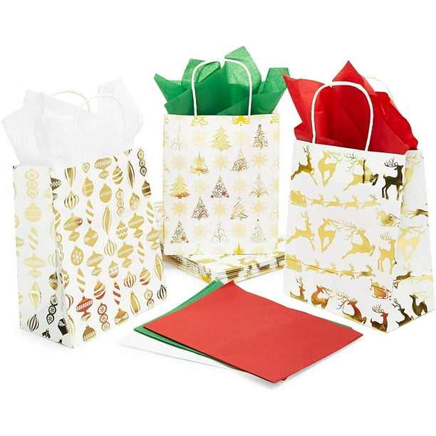 15 Pack 10" Christmas Assorted Gift Bags Set with Handle, 24 Sheets
