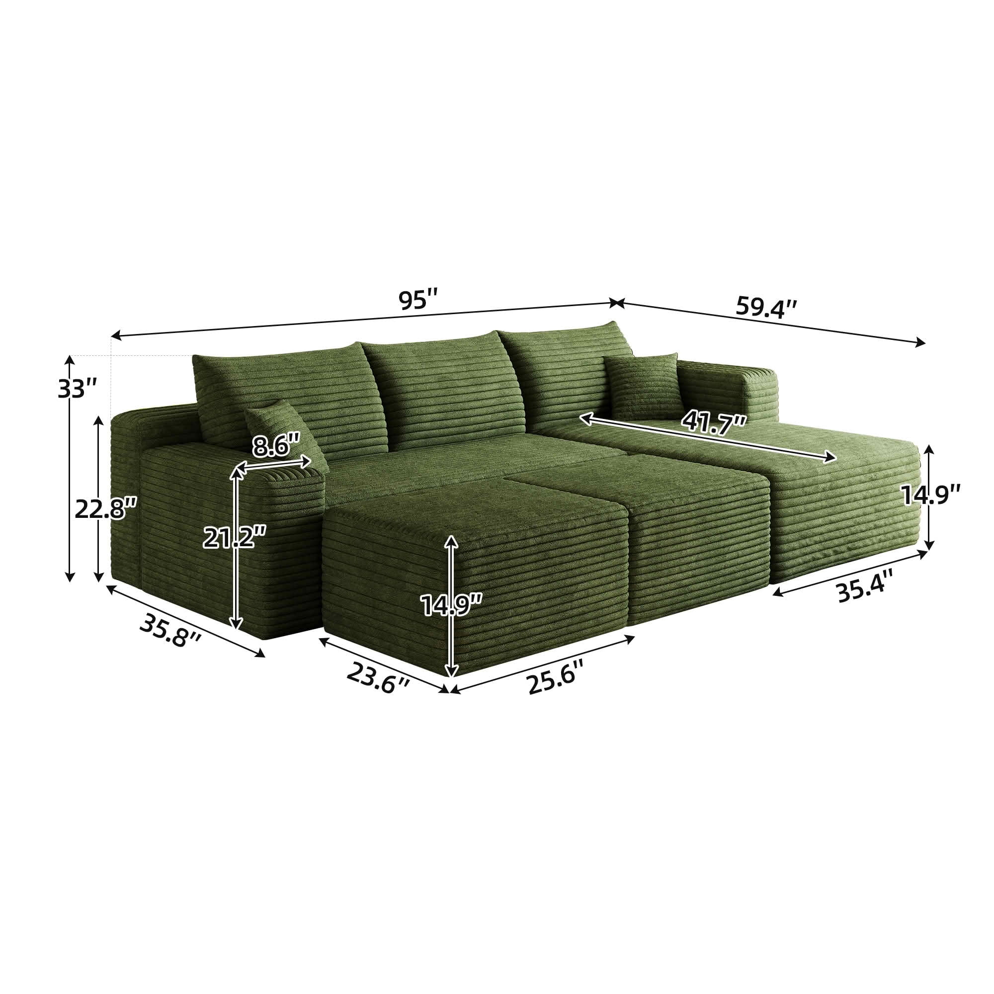 MAYEERTY 95 Inch U‑Shaped Cloud Sectional Sofa with 2 Ottomans, Modern Deep‑Seat Corner Couch, Plush Corduroy Reversible Sofa, No‑Assembly for Living Room Bedroom Apartment