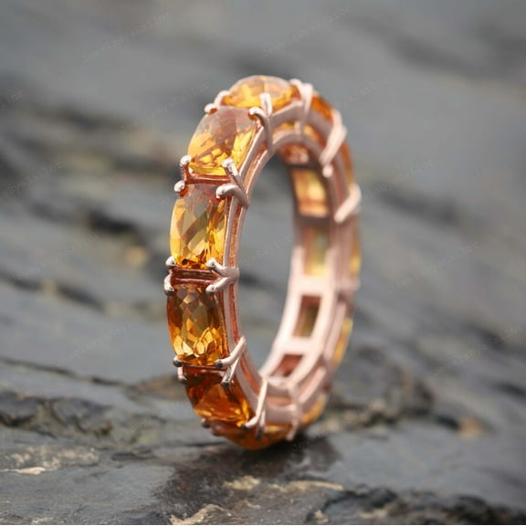 Cushion Cut Citrine Wedding Band Unique Eternity Prong Set Band 925 Sterling Silver Jewelry November Birthstone Present Statement Bands