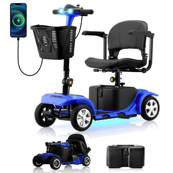 SKRT Mobility Scooter for Adults, Senior, skmc 4 Wheels Electric Powered Chargeable Device for Travel, Lightweight and Portable, with LED Headlights and Basket, Charger Included