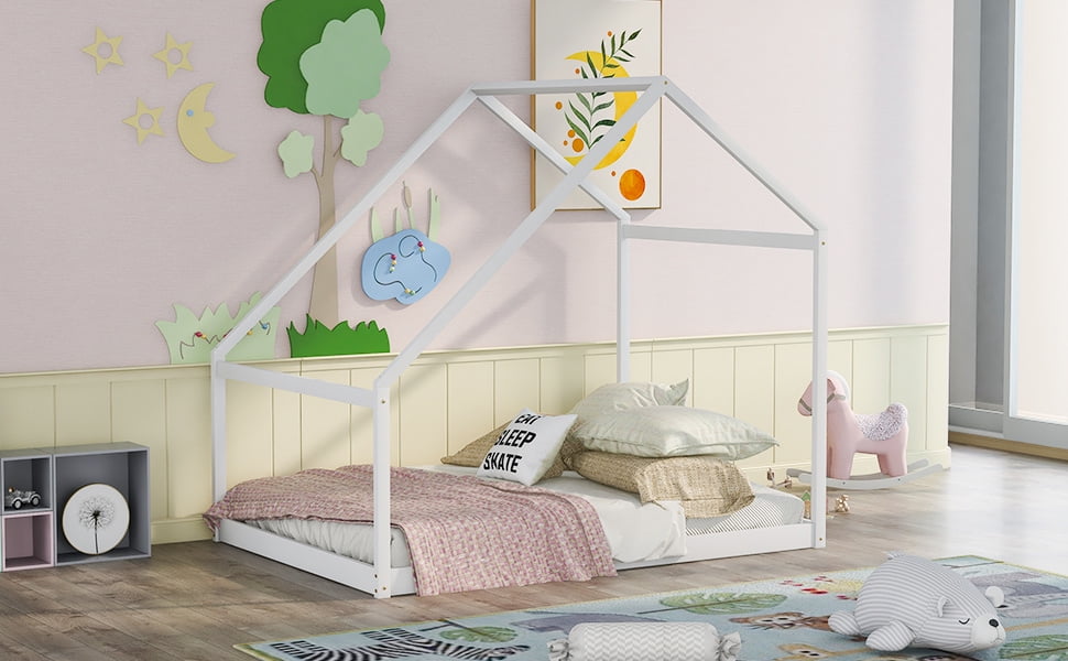Aukfa Bed, Full Size Bed Frame, Wood Tent Bed for Kids Toddler, White - Walmart.com