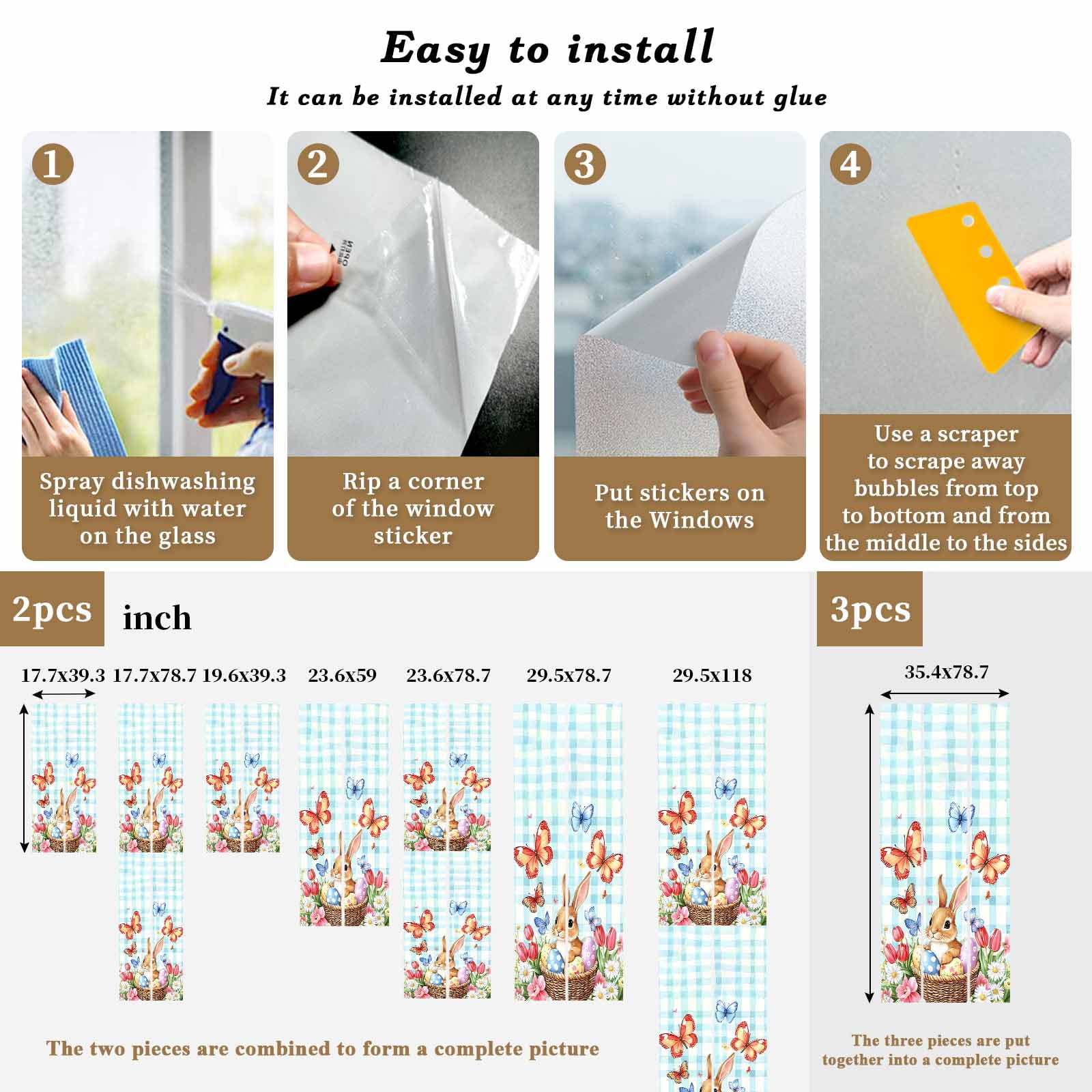 Easter Rabbit Window Privacy Film, Easter Egg Frosted Glass Window Clings Static Cling UV Heat Blocking Reusable Door Sticker for Bathroom 23.6 x 59 Inch