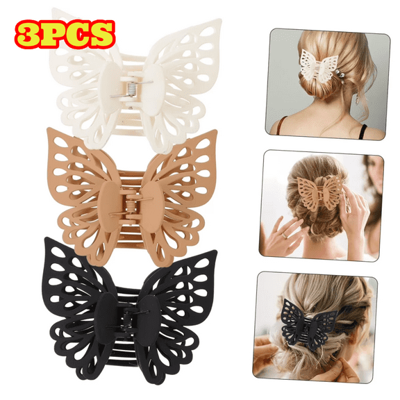 3pcs Butterfly Hair Clips for Women, Large Matte Hair Clips Non Slip Jaw Clips Spring Hair Clamps Ponytail Holders Hair Barrettes