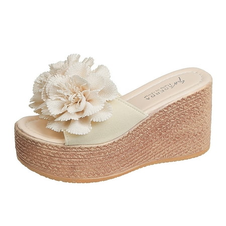 

ZTTD Women Slippers Thick Sole Wedge Heel Thick Sole Flower Slippers Fashion Versatile Fish Mouth Breathable Wedge Heel Slippers Sandals Beige
