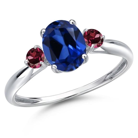 Gem Stone King 10K White Gold Blue Created Sapphire and Red Rhodolite Garnet 3-Stone Ring for Women | 1.84 Cttw | Oval 8X6MM | Gemstone September Birthstone | Size 8