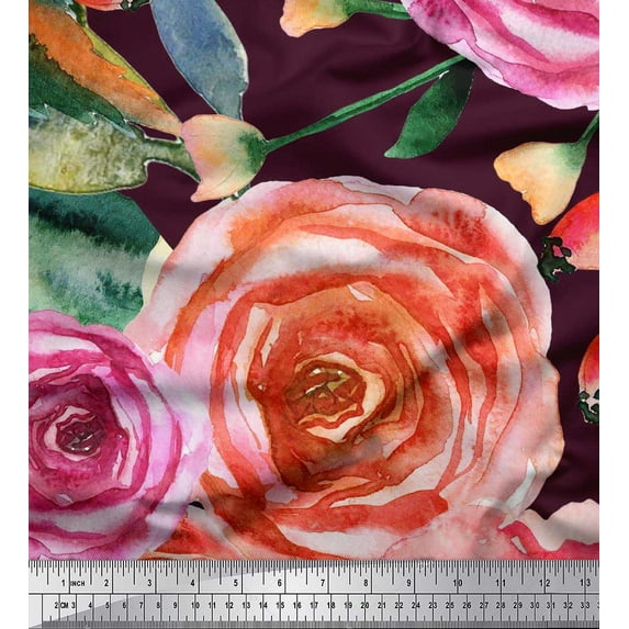 Soimoi Modal Satin Fabric Leaves & Rose Flower Print Fabric by the Yard 42 Inch Wide