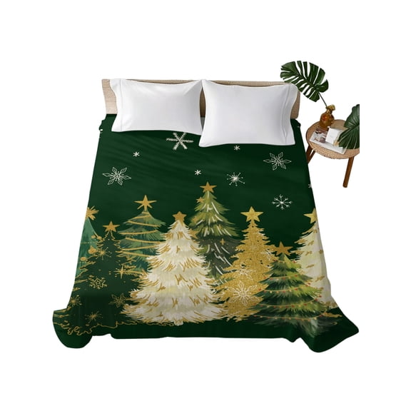 Green Christmas Tree Flat Sheets Only Queen Size, Soft Breathable Bed Top Sheets for Mattress, Xmas Tree Winter Snowflake Luxury Bedding Flat Sheets for Home Hotel Bedroom Bed Protection
