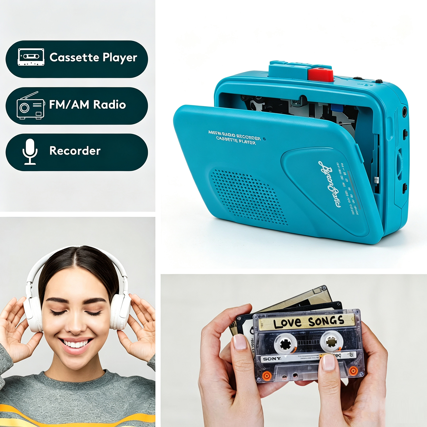 ByronStatics Portable Cassette Player with AM/FM Radio, Teal photo 3