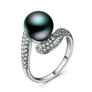 Lab Created Black Pearl CZ. Ladies Fashion Ring. Silver Plated. Size 6.