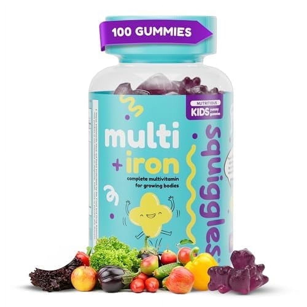 Squiggles Kids Multivitamin + Iron Gummies for General Health & Wellness, 100 Count - Low Sugar Berry Flavor