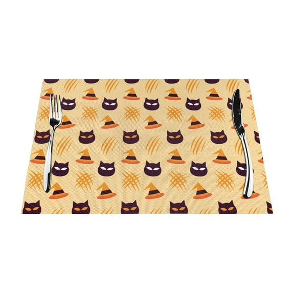 XMXT 6 Pcs Woven Placemats, Halloween Hat Cat Print Stain Resistant Anti-Skid Placemat for Kitchen Table, 12 x 18 inches