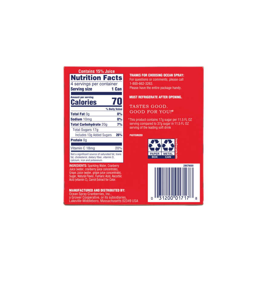 Ocean Spray® Sparkling Cranberry Juice Drink, 11.5 fl oz Cans, 4 Count - image 3 of 7