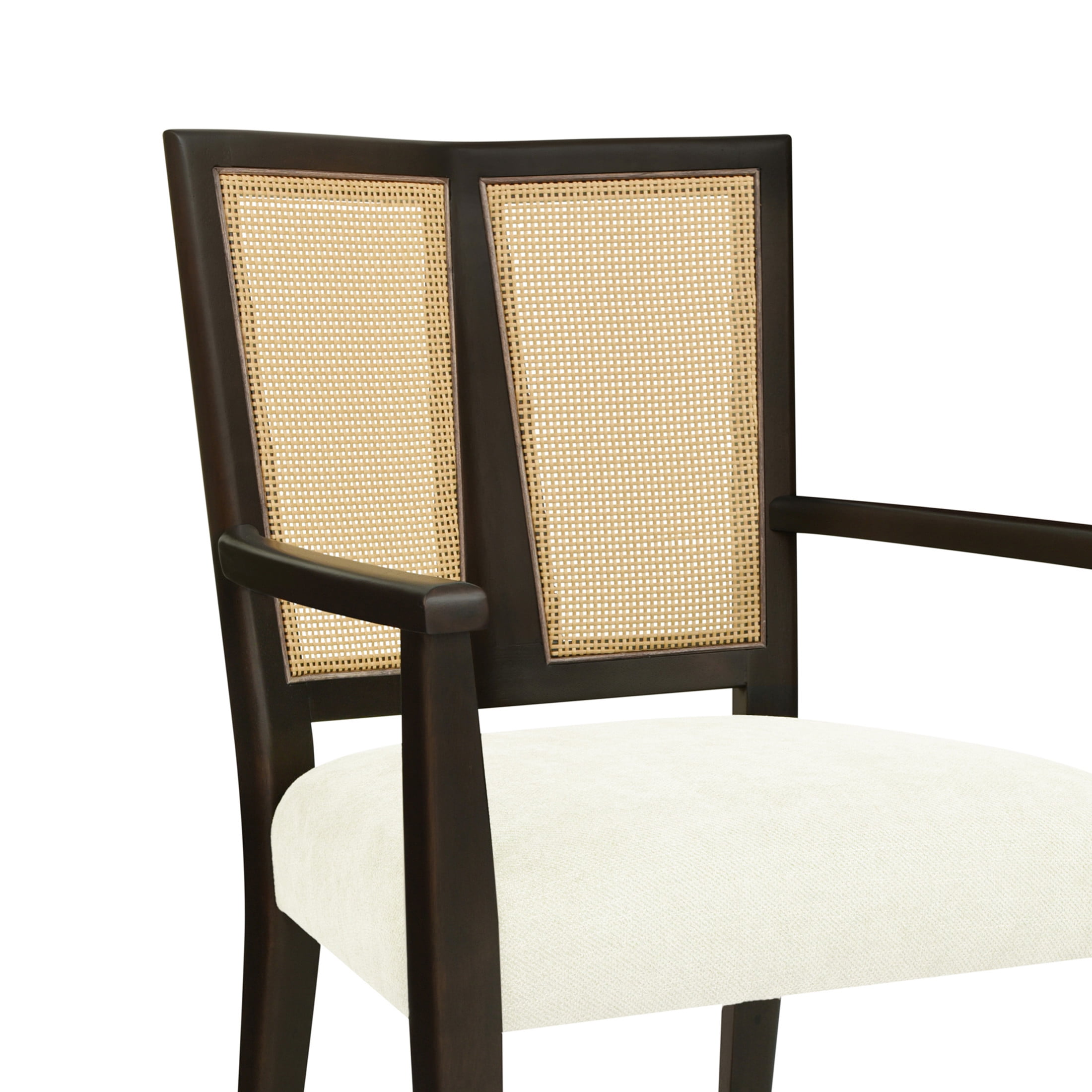 Christopher Knight Home Mid-Century Modern Rattan Dining Chairs, Upholstered Armchairs, Solid Wood, Dark Brown+Beige, Set of 2