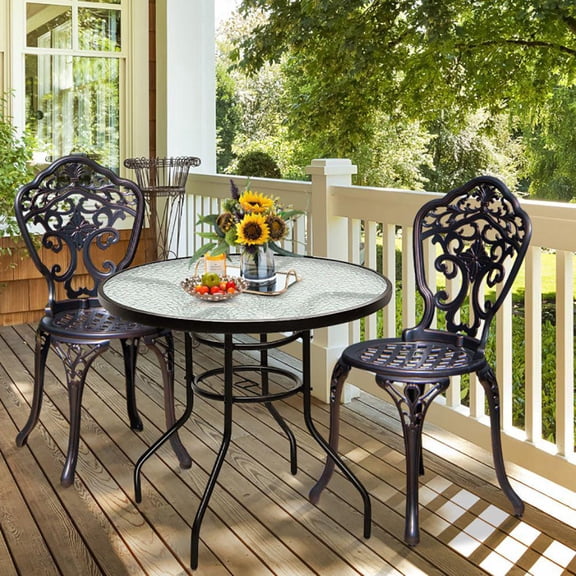 32 Inch Round Patio Table Tempered Glass Steel Frame with Umbrella Hole