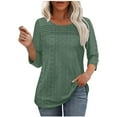 thumbnail image 2 of Olyvenn Womens Tops 3/4 Sleeve Blouses Dressy Casual Fall Sold Color Outfits Front Pleated Tee Eyelets Curved Hem Tunic Tops Army Green M, 2 of 9