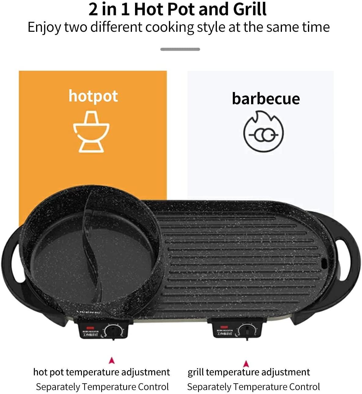 Liven Electric Grill With Hot Pot,Multifunctional Indoor Teppanyaki Grill/Korean BBQ/Shabu Shabu Hot Pot,Separate Temperature Control,3.6L Capacity for 2-10 People,SK-J6868