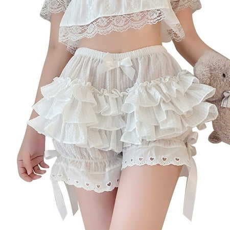 POPLIS Japanese Women Ruffled Pumpkin Shorts Pants Vintage Print Sweet Bowknot Bloomers Multi Layered Lace Trim Underpants