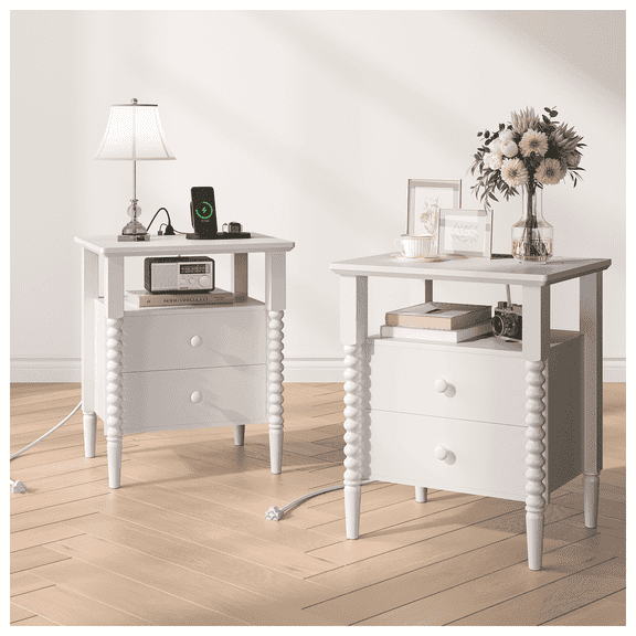 JOINICE Nightstand Set of 2 with Storage, Modern Bedside Table with Drawers,Wood End Table with Charging Station, Bed Side Tables for Bedroom, White