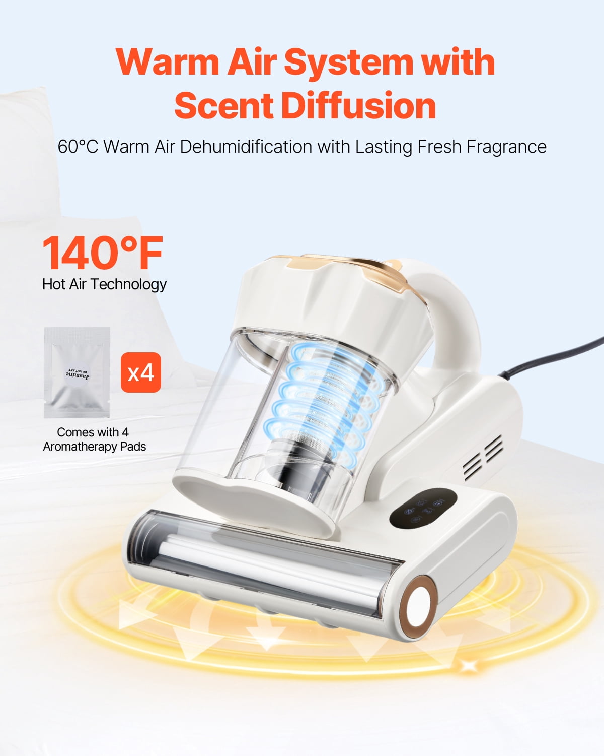 VEVOR Mattress Vacuum Cleaner, 550W Bed Vacuum Cleaner with 18Kpa Powerful Suction and Dual Dust Bin, HEPA Filter & Heating, Ultrasound Tech & Cleaning Lights, Handheld for Bed, Sofa, Corded, White