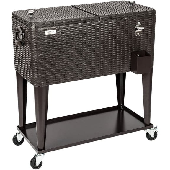 Neatifyes 80 Quart Rolling Ice Chest on Wheels, Portable Patio Party Bar Drink Cooler Cart, Wicker PP Rattan with Shelf, Beverage Pool with Bottle Opener