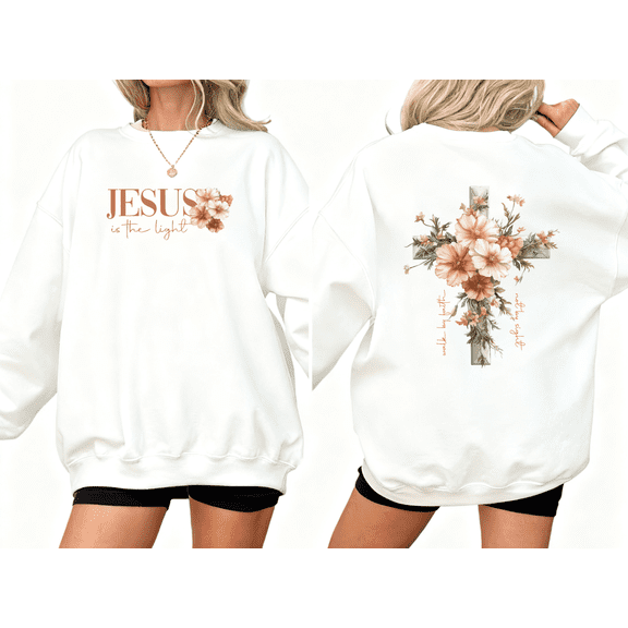 White womens Print Sweatshirt Graphic Sweatshirt Rose Gold JESUS is the light Floral Cross walk in light Christian Spring Cozy S-3XL Plain Tops