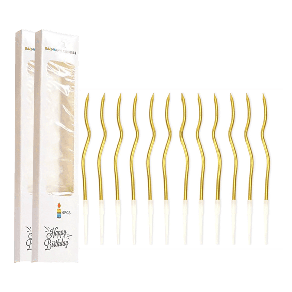12 Pcs Twisted Birthday Candles Spiral Metallic Cupcake Holders for Birthday Wedding Party Thin Long Cake Candles  (Gold)