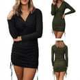thumbnail image 3 of Liquidation! Robe Moulante Sexy pour Femmes Col en V Manches Longues Froncée Club Mini Robe Moulante Rouge L, 3 of 6