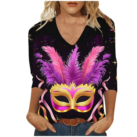 YUGYXL Trendy Plus Size 3/4 Sleeve Shirts for Women Mardi Gras Colorful Mask Graphic Loose Comfy Tshirts Ladies V Neck Tunic Fit Blouse Celebration Tees Sales
