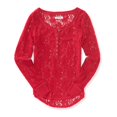 thumbnail image 1 of Camiseta henley Aeropostale de encaje Floral transparente para mujer color rojo pequeña, 1 of 2