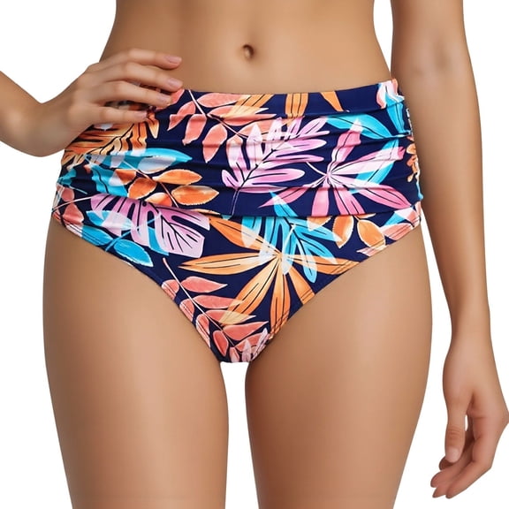 XIAOCHA Women's High Waisted Ruched Swim Brief Tropical Printed Beach Pool Bikini Brief