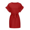 thumbnail image 3 of Women's Summer Dress Loose Waistband Ruffled Sleeved Round Neck Solid Color Dress Short Sleeve Round Neck Dress, Red M, 3 of 5