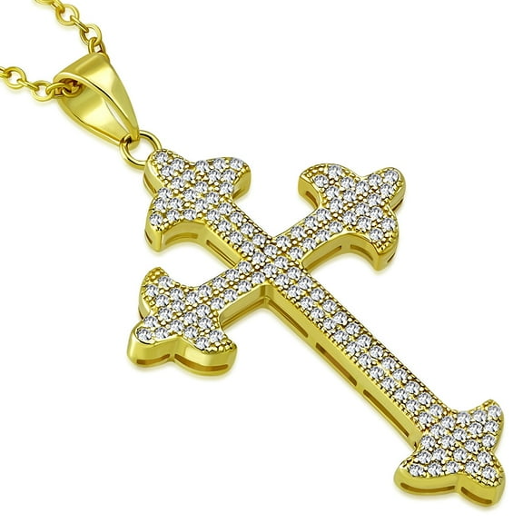 925 Sterling Silver Yellow Gold-Tone Clear CZ Religious Cross Pendant Necklace, 18"