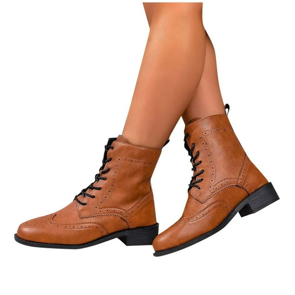 Xfvqtps Womens Casual Boots Fall Winter Leather Ankle Booties Chunky Heel Comfortable Lace up Shoes for Outdoor Versatile Fashion Shoes Brown