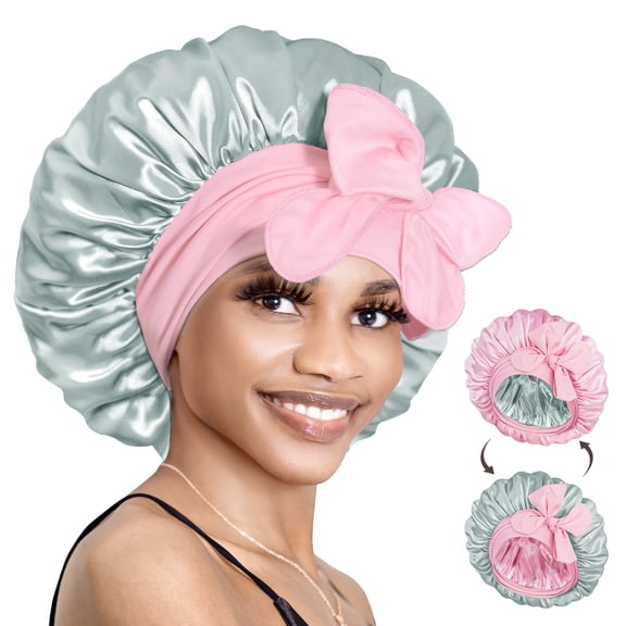 Double Layer Reversible Silky Satin Bonnet with Tie Band Pink Silver