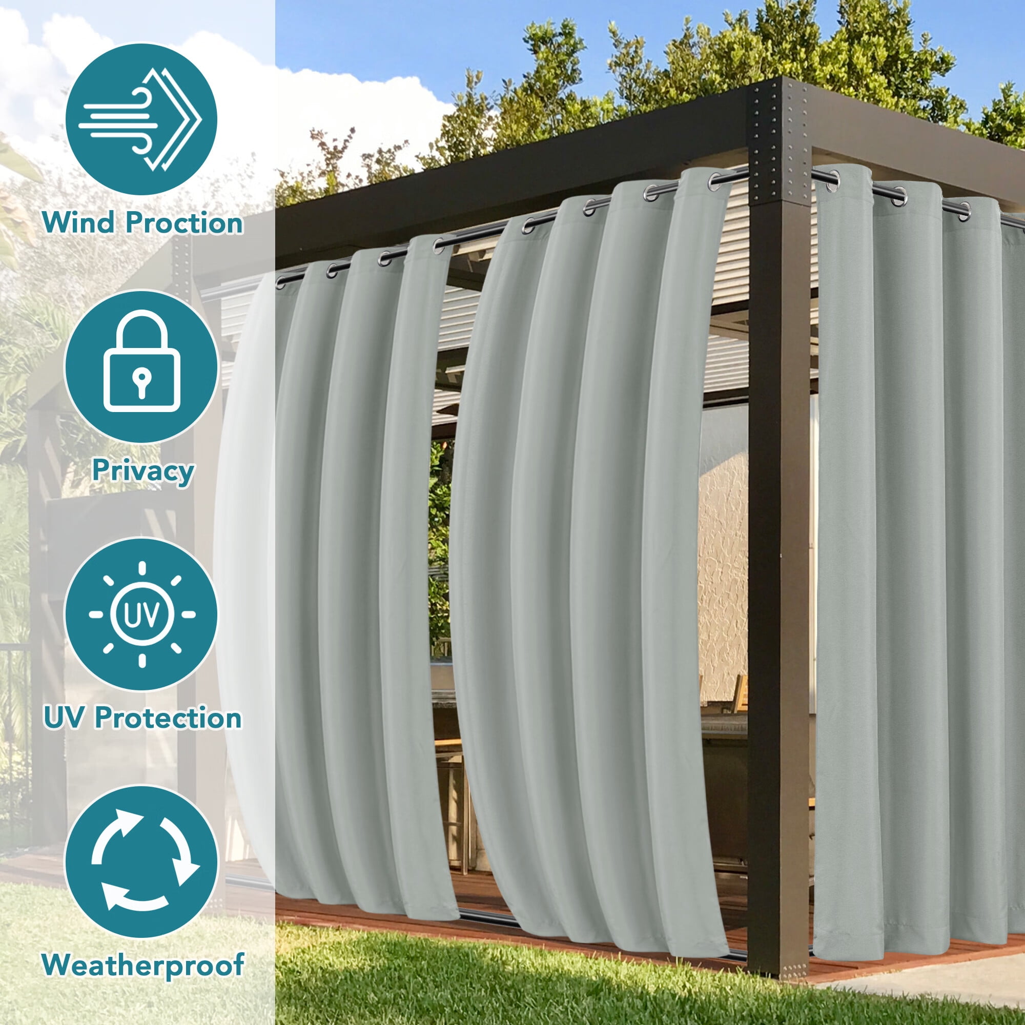 LUSHVIDA Outdoor Curtains for Detachable Sticky Tab Top Patio Waterproof Outside Curtains for Gazebo, Porch, Pergola, Privacy Curtain, 54 x 108 inch, 1 Panels, Silver