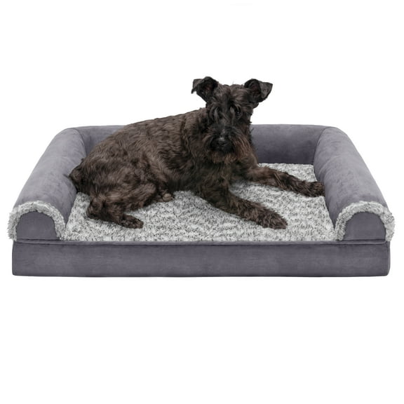 FurHaven Two-Tone Faux Fur & Suede Full Support Orthopedic Sofa Pet Bed for Dogs & Cats - Medium, Stone Gray