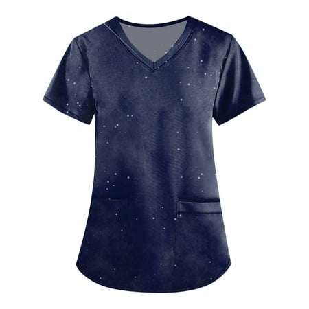 

netehipn Scrub Tops Women Print Active Stretch Women s Mixed Floral Pewter Print Scrub Top L Blue
