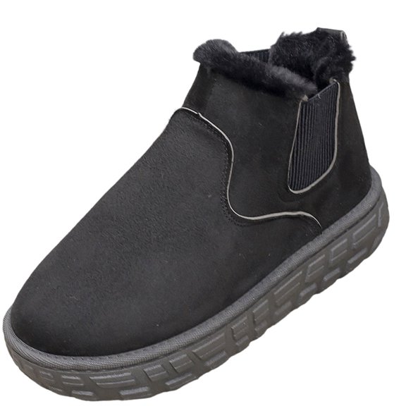 W-579 Black Ladies Plus Size Round Toe Block Heel Ankle Boots Warm Fleece Lined Winter Snow Boots Comfortable Slip On Casual Boots