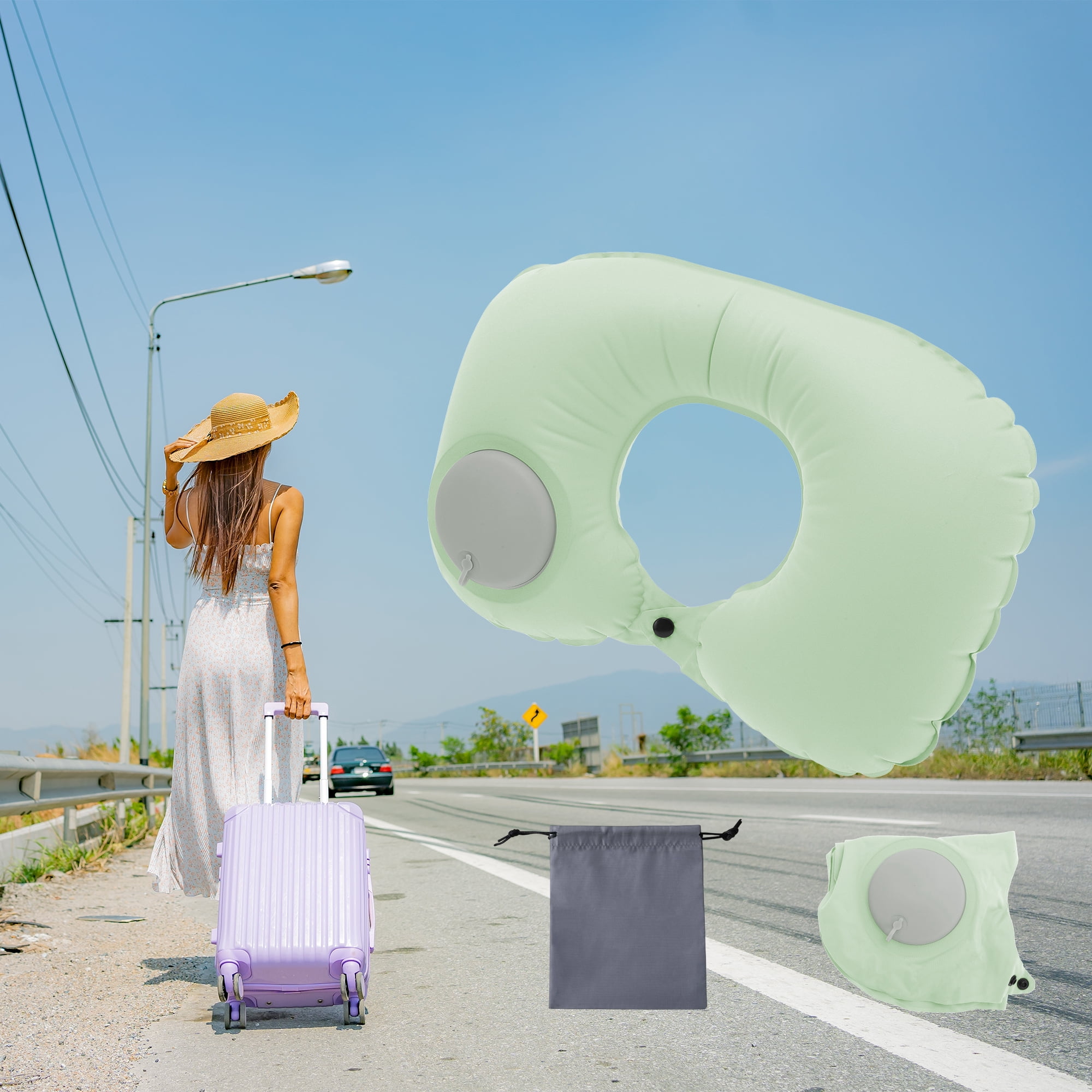 Unique Bargains Travel Pillow Press to Inflate Neck Pillow Light Green 15.75"x11.02"
