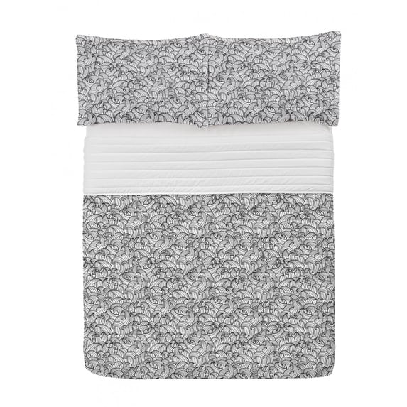 Black and White Microfiber Bedspread Set, Abstract Sea Storm with Curly and Striped Waves Doodle Stream Water Flow, Soft Bedding Set with Pillow Shams & Comforter, 3 Sizes, Black White, by Ambesonne