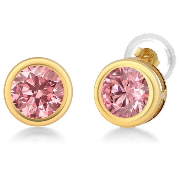 Gem Stone King 14K Yellow Gold Pink Lab Grown Diamond Stud Earrings for Women | 1.00 Cttw | Gemstone April Birthstone | Round 5MM