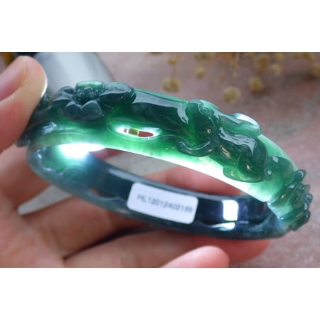 Icy Green Natural A JADE Jadeite Rabbit Flower Ruyi Bangle Bracelet 59 mm 679796 TN