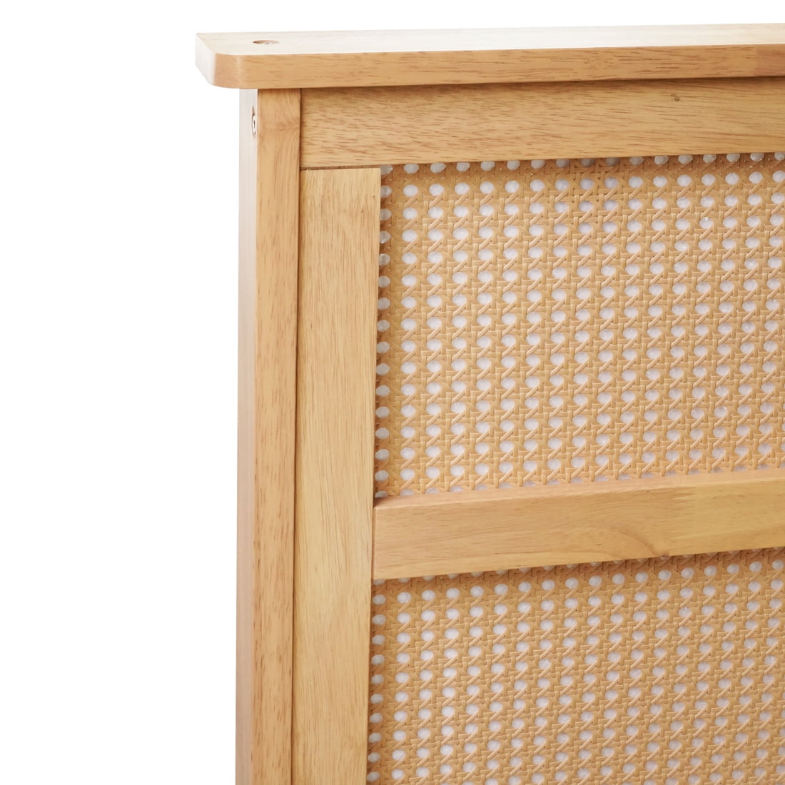 Full Size Rubberwood Bed Frame with Rattan Headboard and Reinforced Support Feet, Wooden Platform Bed Frame with Slat Support, 2 Storage Drawers, No Box Spring Required, White Oak