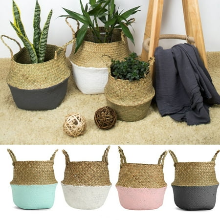 Asewin Plant Basket,Foldable Rattan Straw Basket Flower Pot Hanging Wicker Storage Basket Garden Accessories