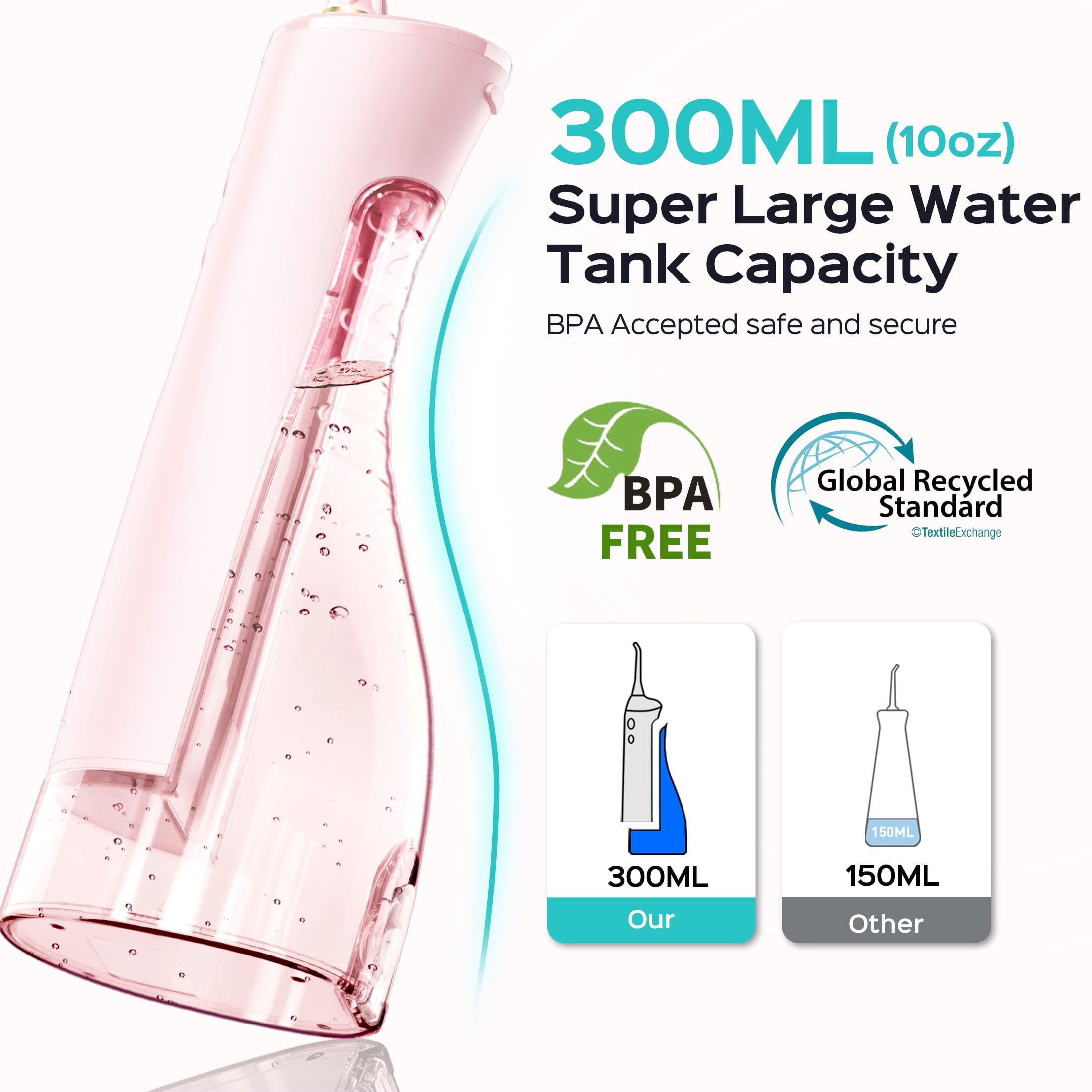 COSLUS E40 Portable Water Flosser for Teeth,ADA Accepted,Water Dental Flosser with 10 Pressure Settings,Rechargeable,Cordless, for Travel-Pink